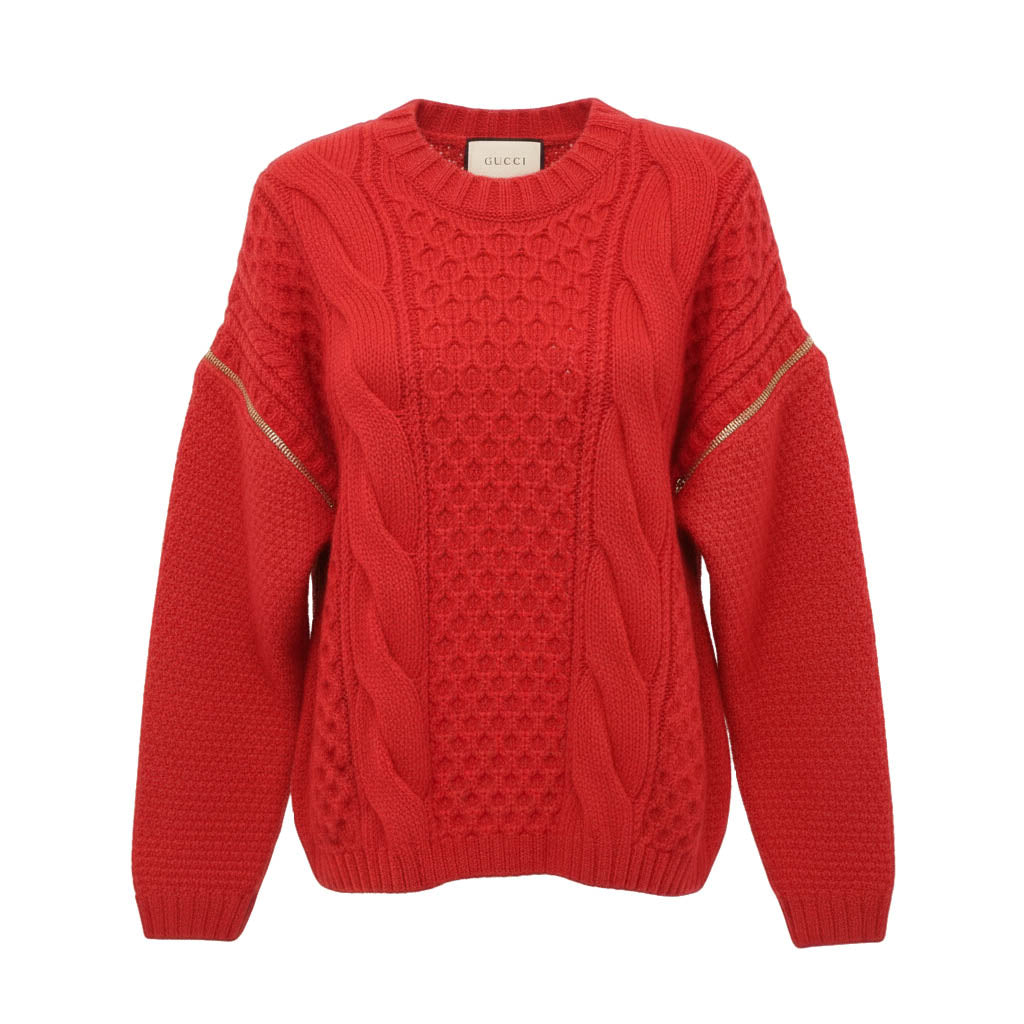GUCCI OVERSIZED RED CABLEKNIT SWEATER WITH ZIPPER DETAIL AND LOGO - SIZE XS