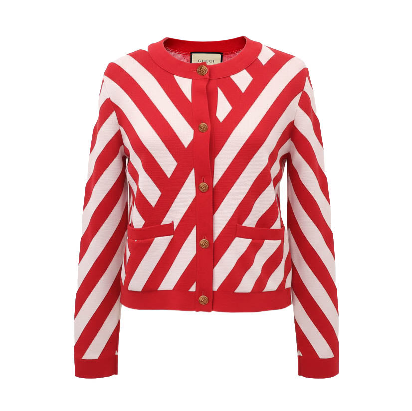 GUCCI RED AND CREAM KNIT CARDIGAN WITH GG LOGO BUTTONS - SIZE XS (OVERSIZED)