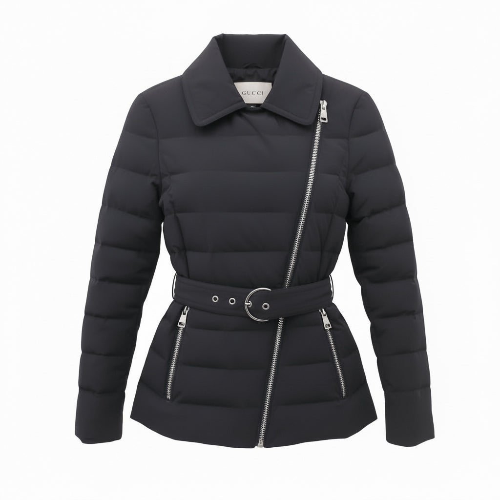GUCCI BLACK PUFFER JACKET WITH ZIPPERS AND BELT - SIZE 36