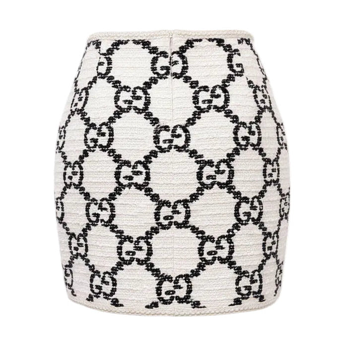 GUCCI CREAM AND BLACK TWEED LOGO MINI SKIRT - SIZE 44