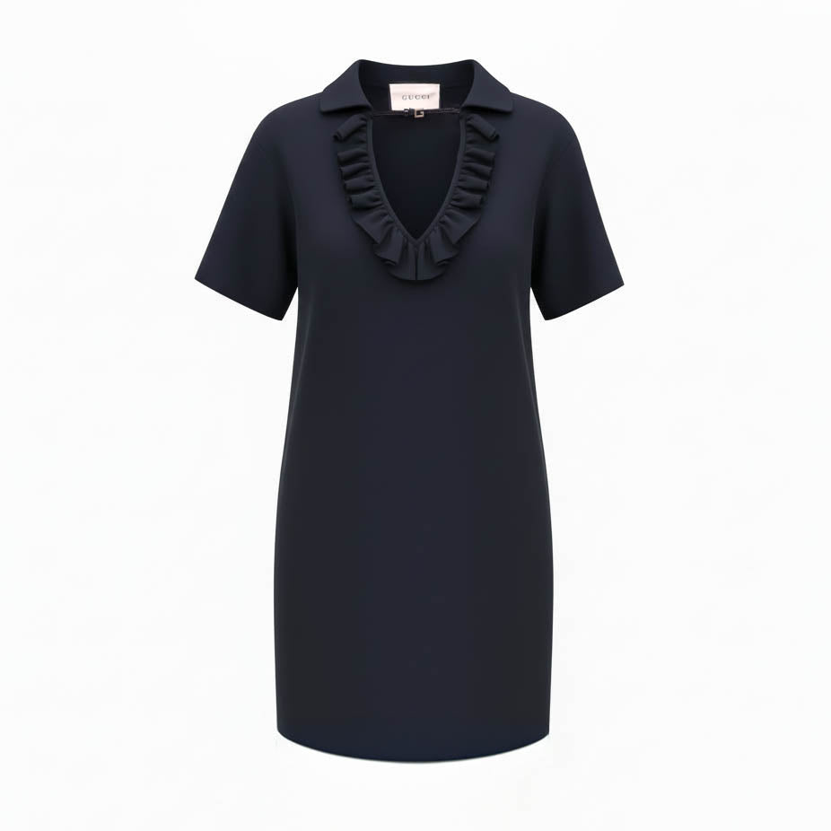 GUCCI BLACK KNIT DRESS WITH LEATHER GG DETAIL - SIZE M