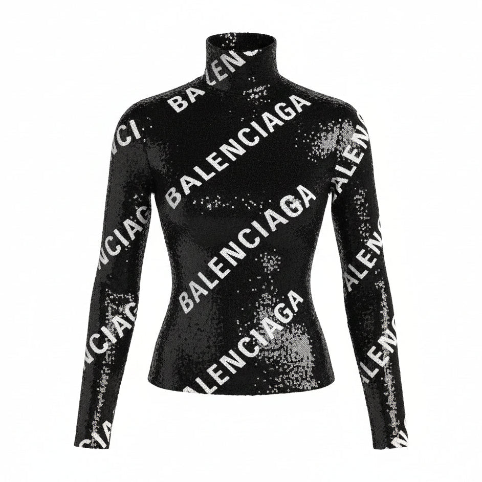 BALENCIAGA BLACK SEQUIN LOGO TOP - SIZE 34