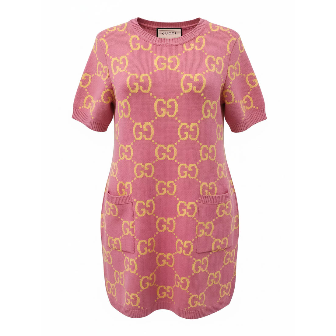 GUCCI PINK AND YELLOW LOGO SWEATER DRESS - SIZE S