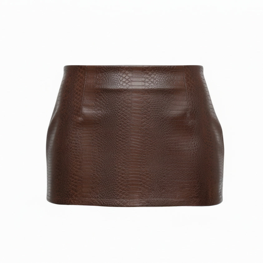 MIAOU BROWN CROC EFFECT MINI SKIRT - SIZE L