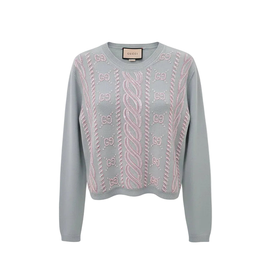 GUCCI BEADED & SEQUIN CASHMERE CABLE KNIT LOGO SWEATER - SIZE M