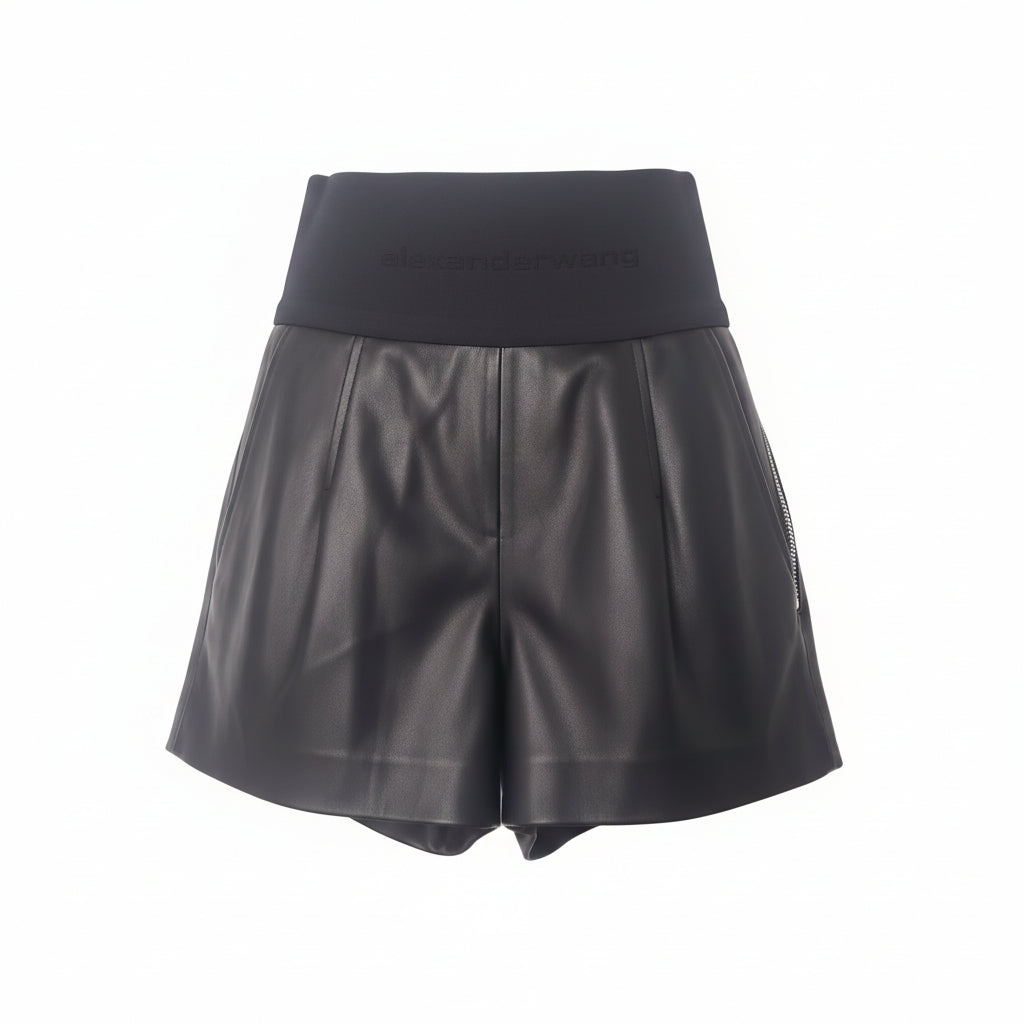 ALEXANDER WANG LEATHER ELASTIC WAISTBAND LOGO SHORTS - SIZE 0