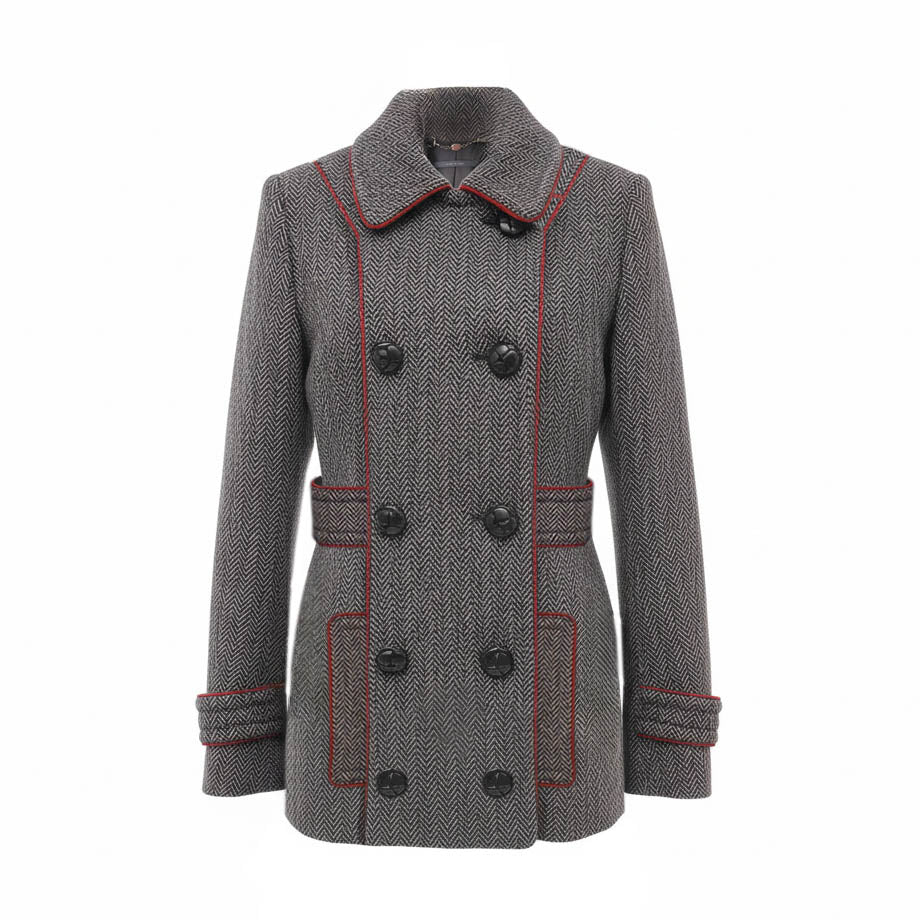 GUCCI GREY HERRINGBONE WOOL PEACOAT WITH LEATHER BUTTONS - SIZE 36