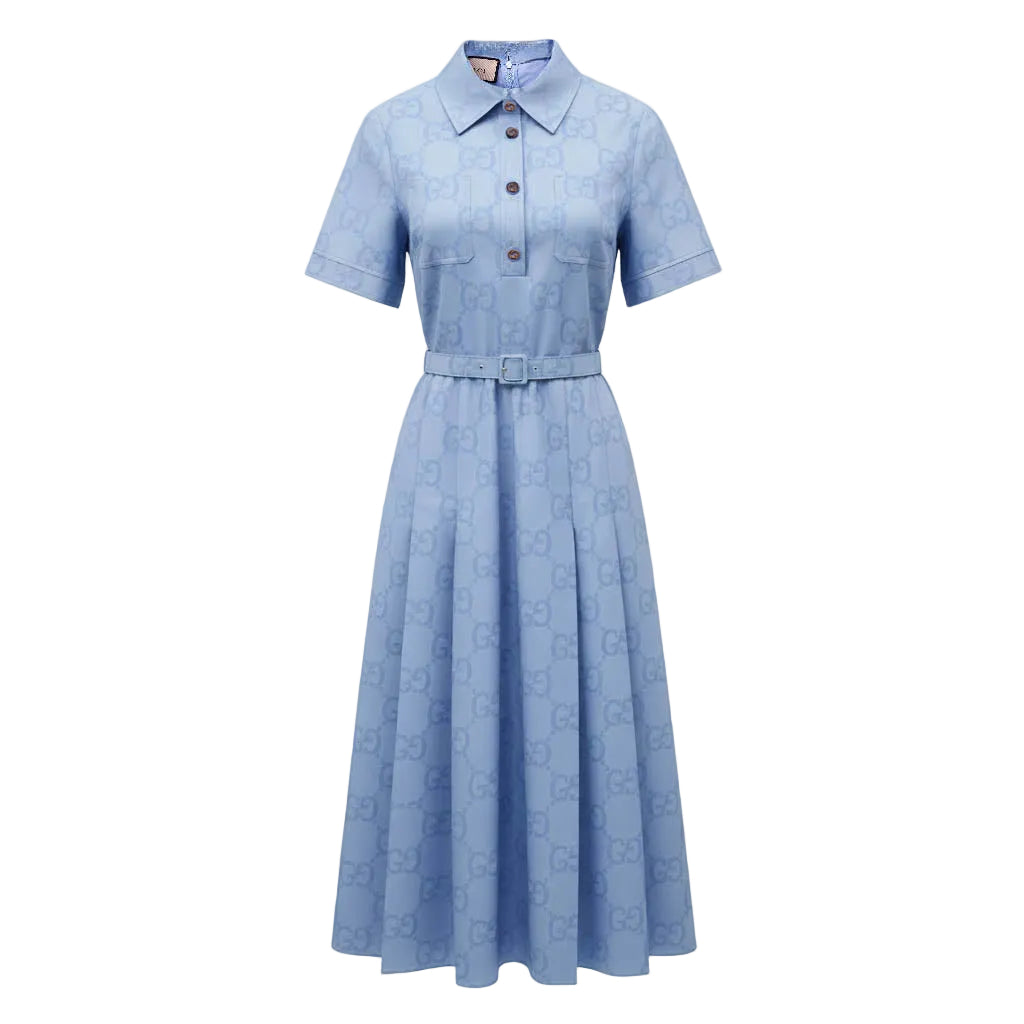 GUCCI BLUE PLEATED LOGO DRESS WITH BELT - SIZE 44