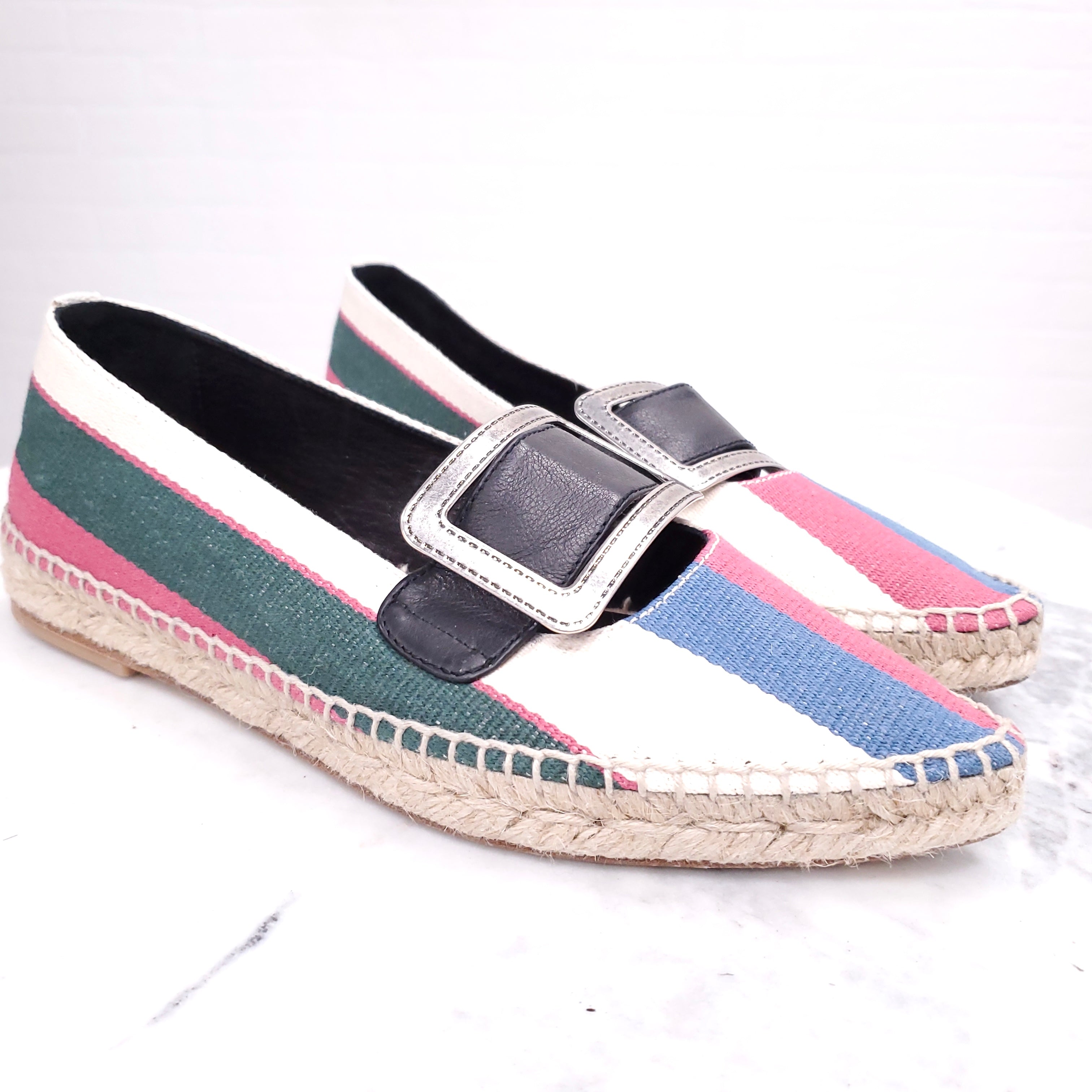LOEWE STRIPED COLOURFUL ESPADRILLES WITH SILVER BUCKLE - SIZE 37