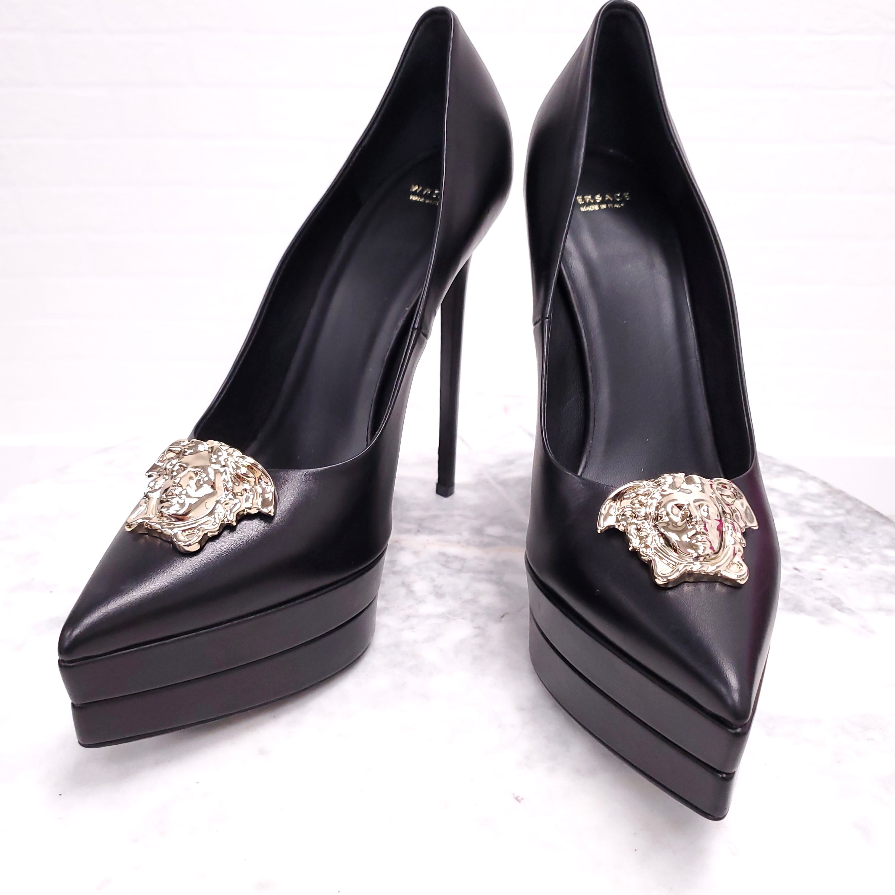 VERSACE LEATHER HEELS WITH GOLD MEDUSA - SIZE 40.5 ($1,400)