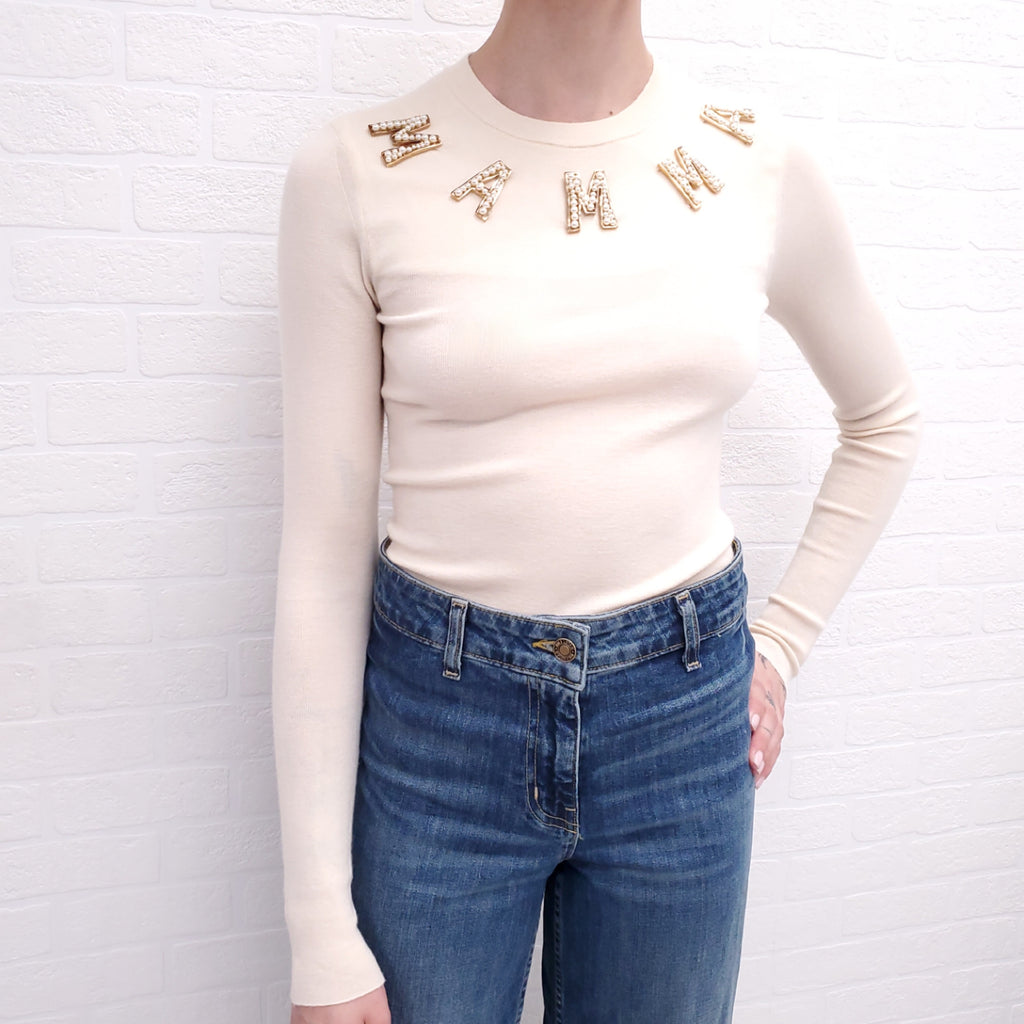 DOLCE & GABBANA CREAM ‘MAMMA’ PEARL SWEATER - SIZE 36