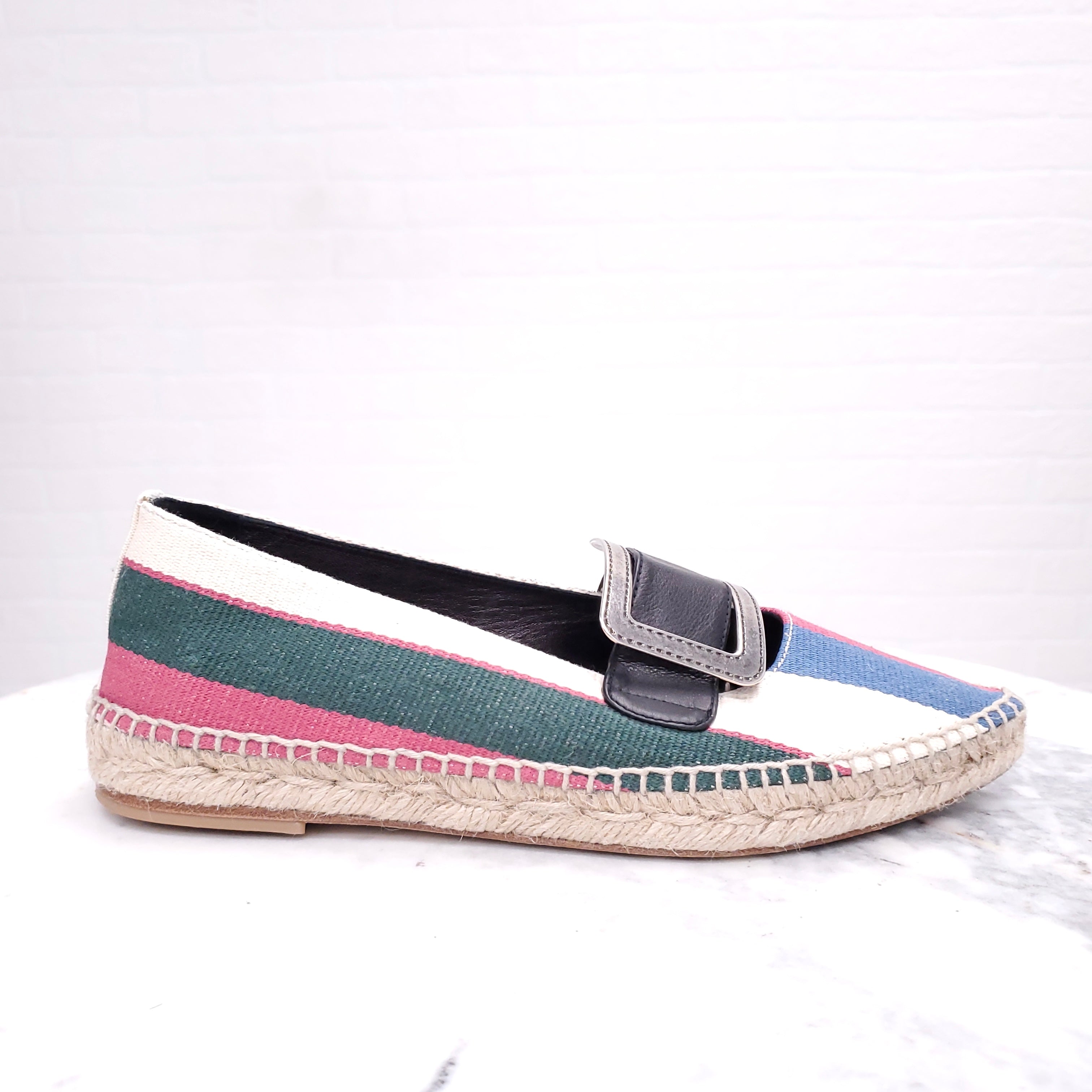 LOEWE STRIPED COLOURFUL ESPADRILLES WITH SILVER BUCKLE - SIZE 37
