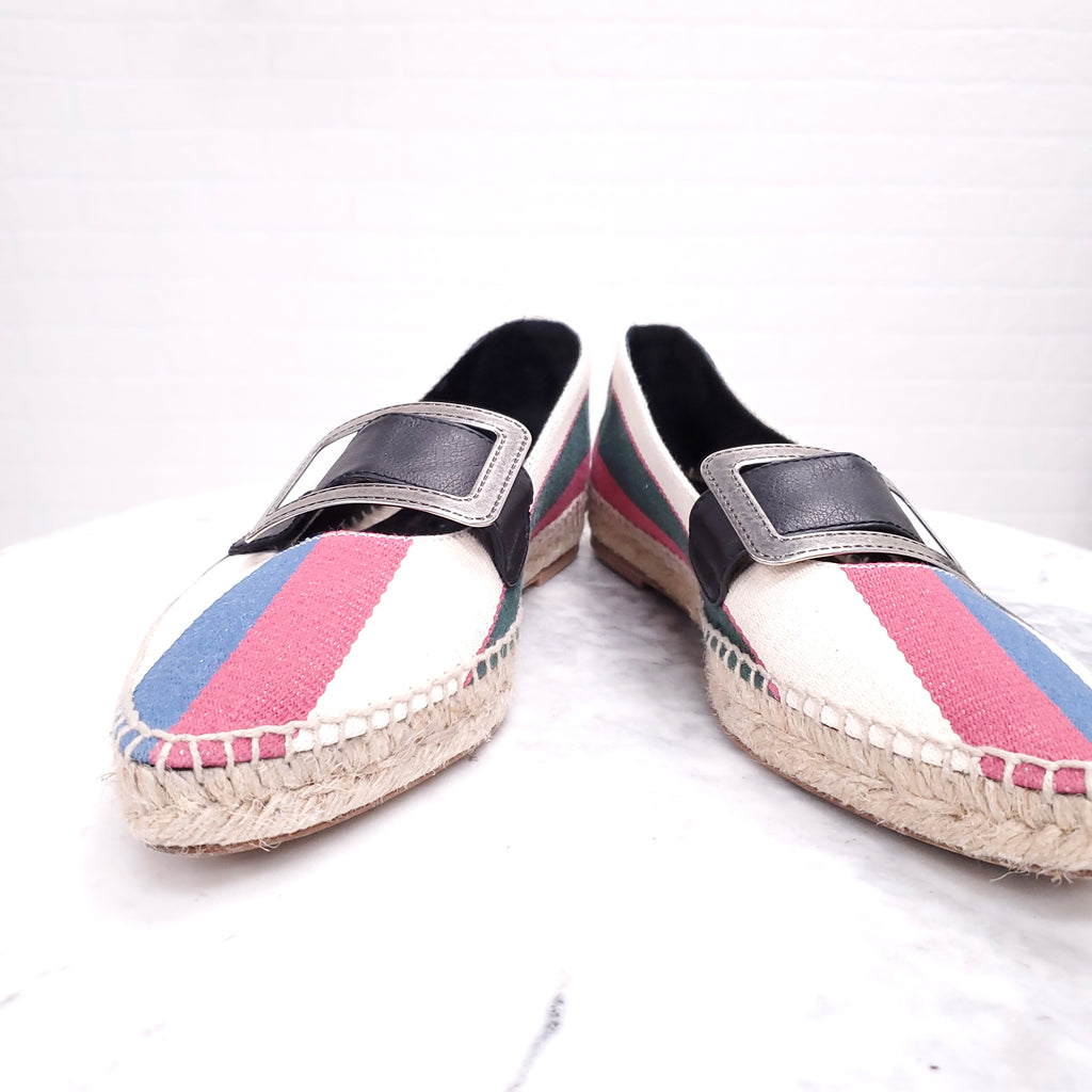 LOEWE STRIPED COLOURFUL ESPADRILLES WITH SILVER BUCKLE - SIZE 37