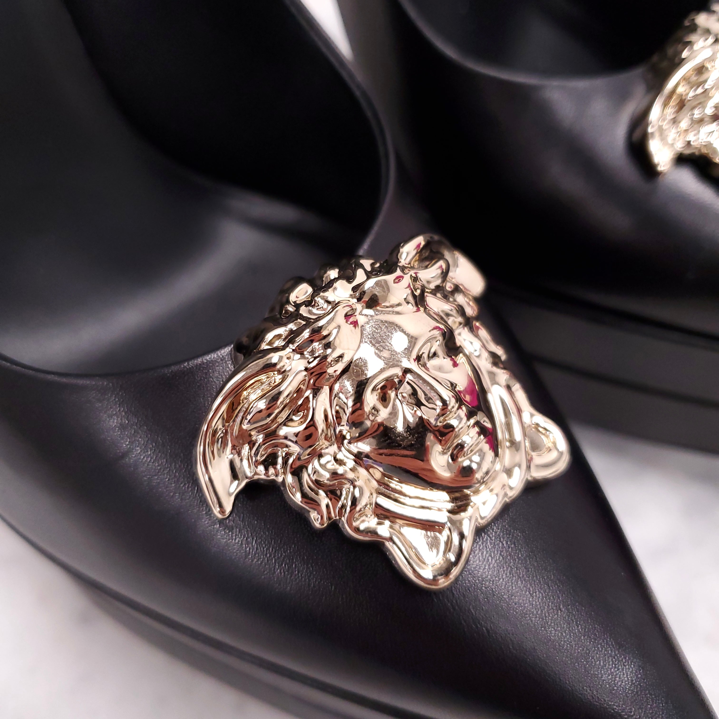 VERSACE LEATHER HEELS WITH GOLD MEDUSA - SIZE 40.5 ($1,400)