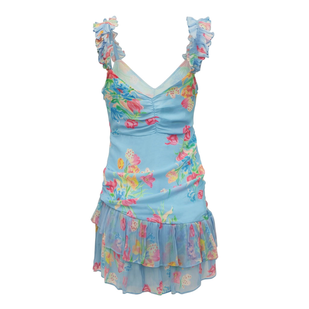 LOVESHACKFANCY BLUE FLORAL DRESS WITH RUFFLE STRAPS AND RUCHED DETAIL - SIZE 4