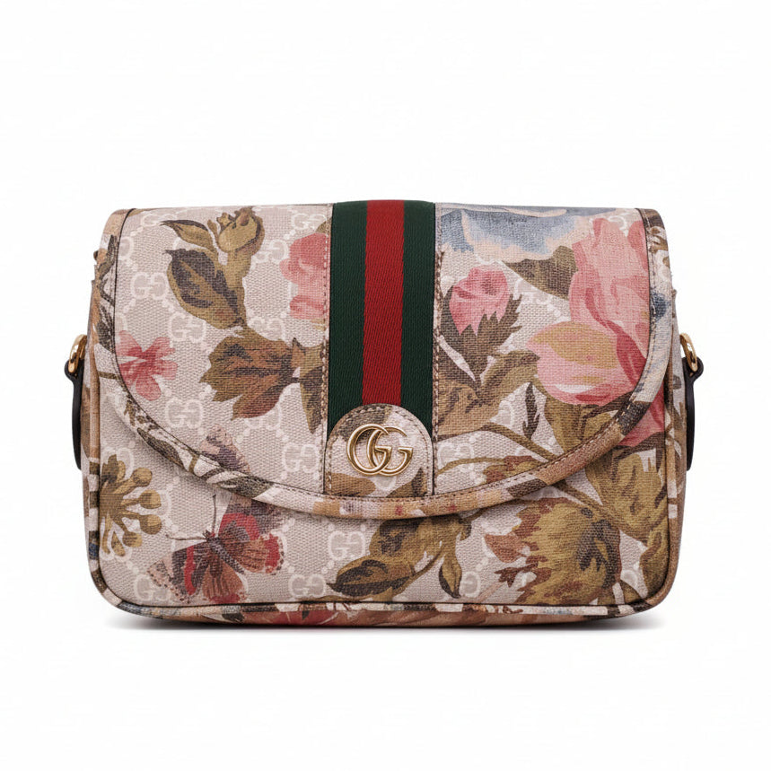 GUCCI GG SUPREME WATER FLORA WEB SMALL OPHIDIA FLAP SHOULDER BAG