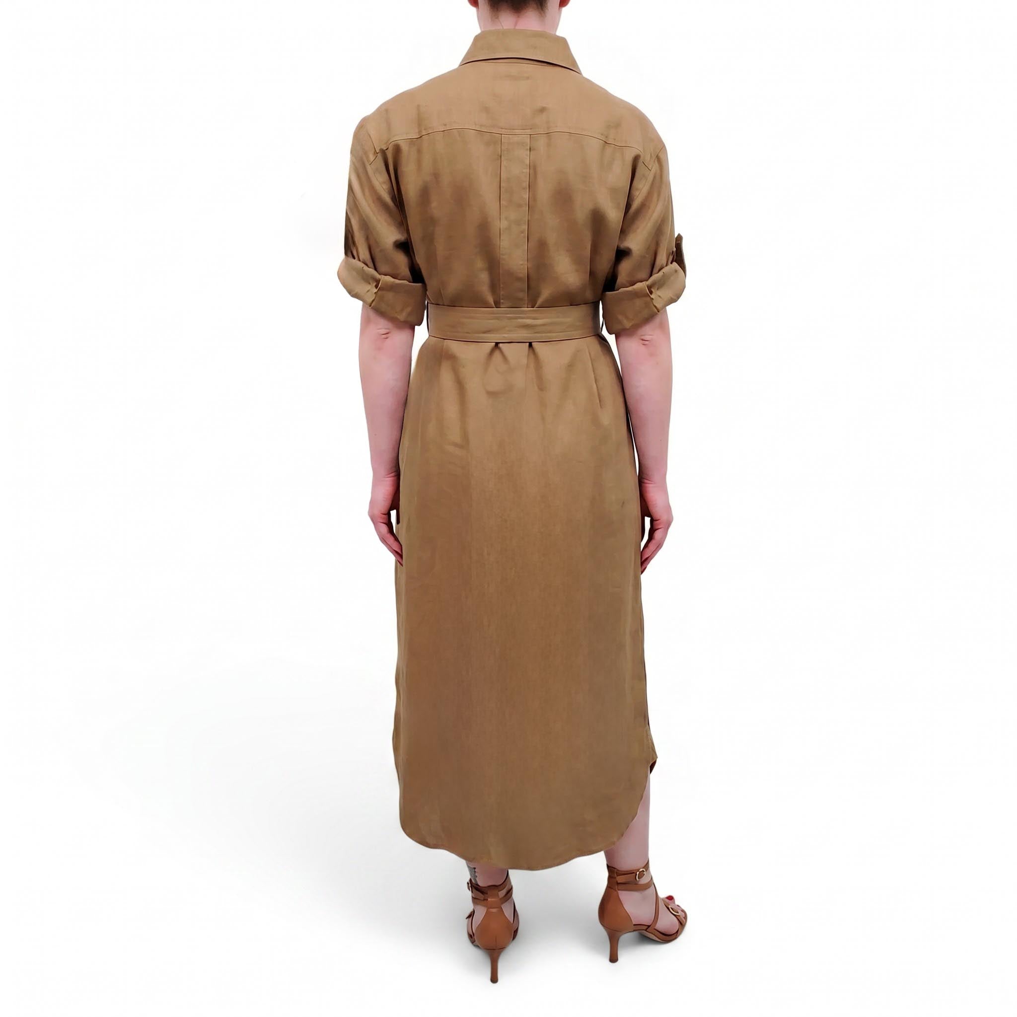 ZIMMERMANN KHAKI GREEN LINEN BUTTON UP DRESS WITH BELT - SIZE 0/XS