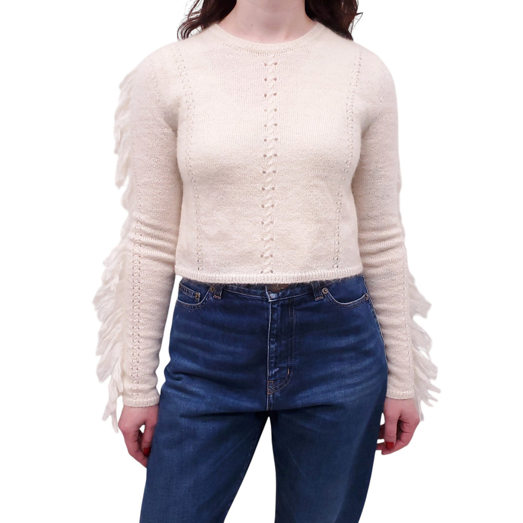 SAINT LAURENT WHITE FRINGE SWEATER - SIZE XS