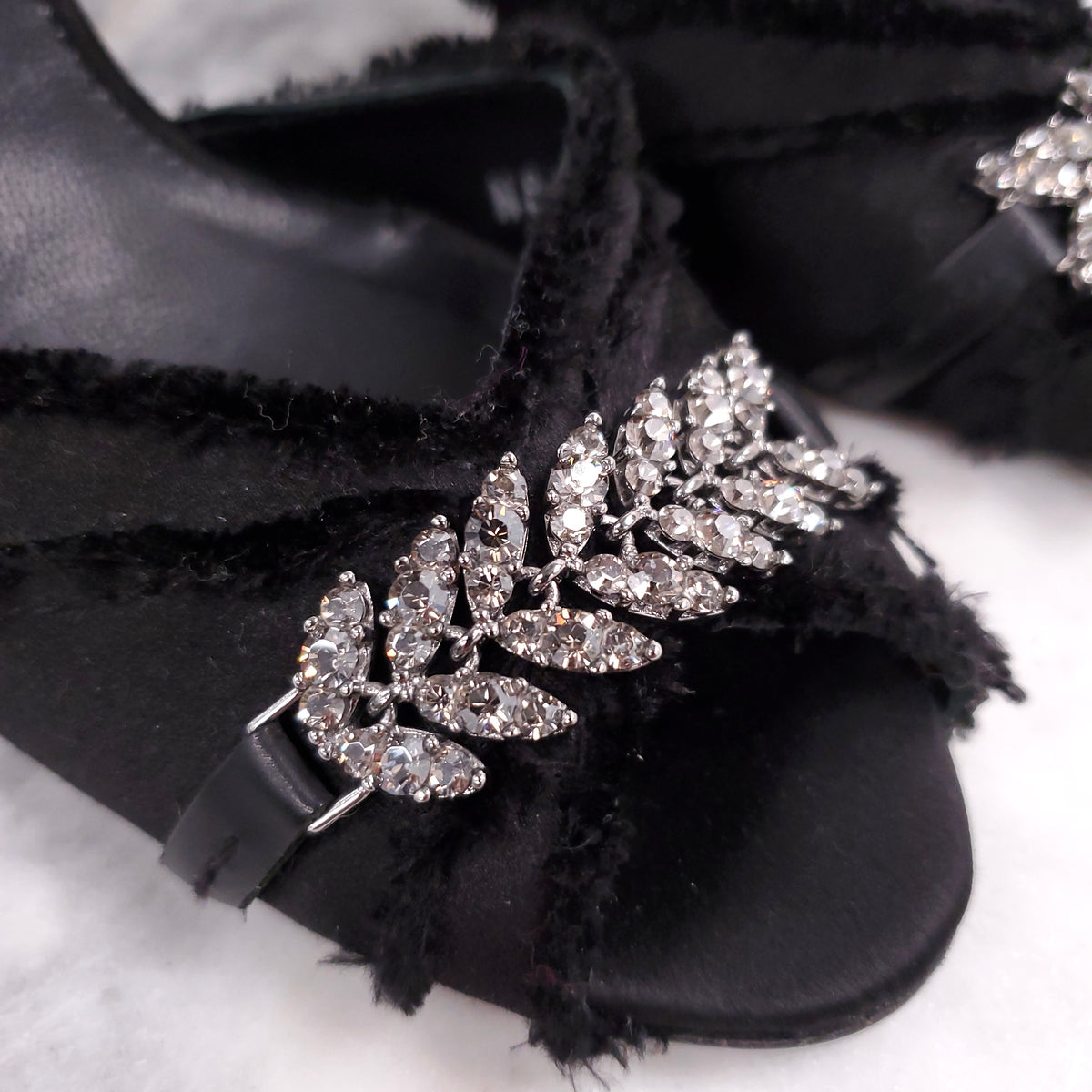 PEDRO GARCIA BLACK SATIN OPEN TOE HEELS WITH CRYSTALS - SIZE 35