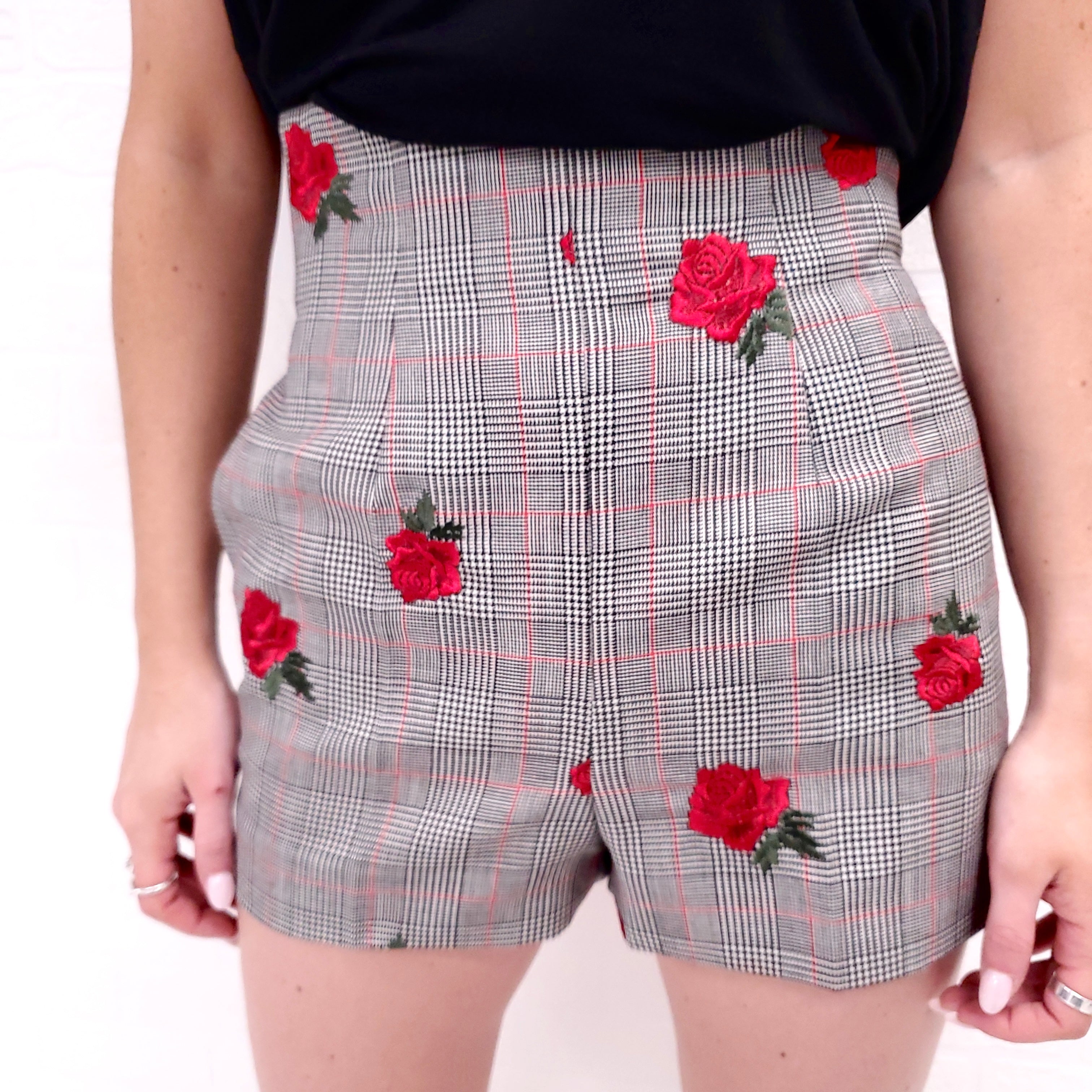 VERSACE PLAID SHORTS WITH ROSE ($895) - SIZE 36