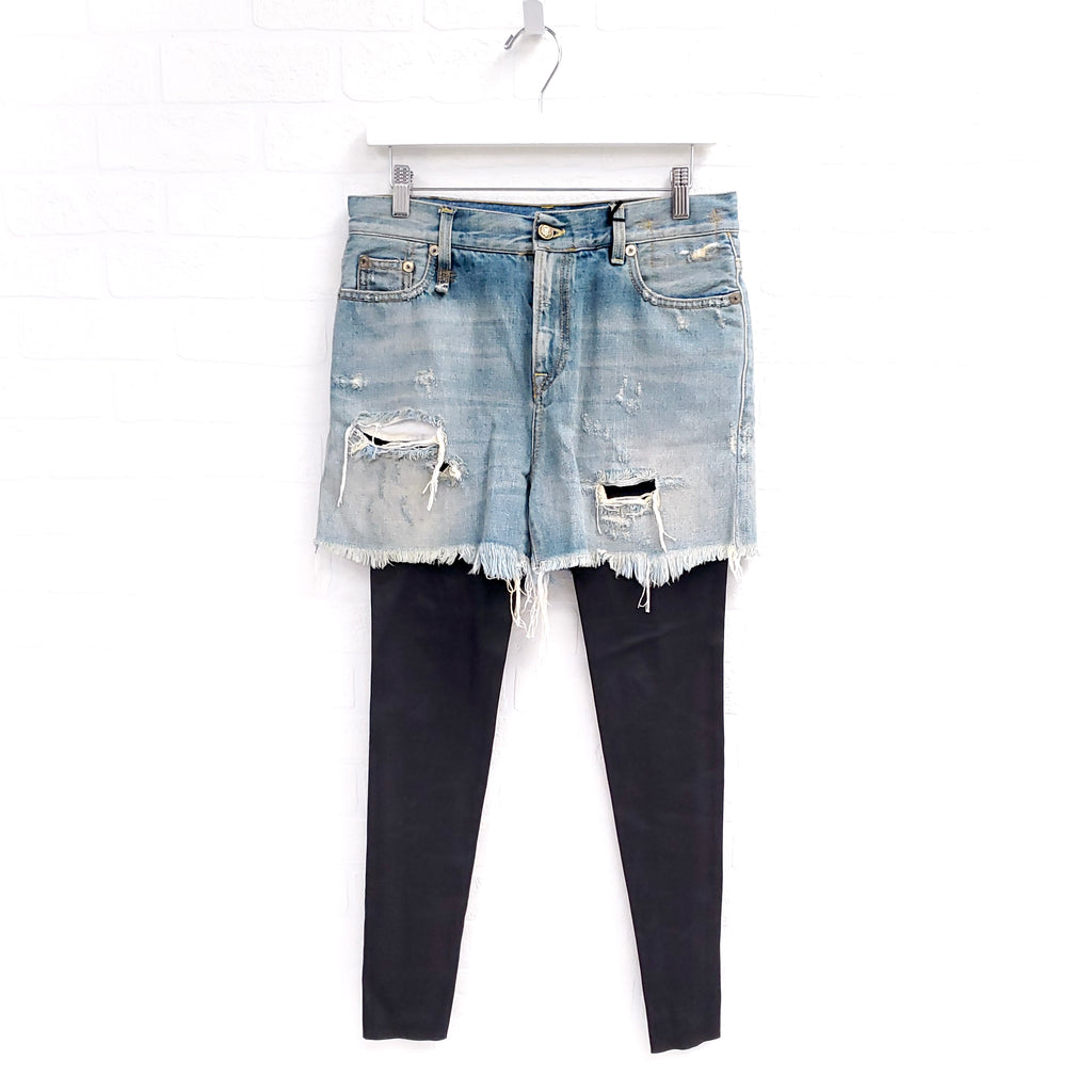 R13 DENIM JEANS SHORTS WITH ATTACHED LEATHER LEGGINGS - SIZE 27
