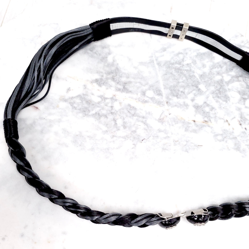 CHANEL BLACK AND GREY WOVEN BELT WITH LOGO CLASP - SIZE 100